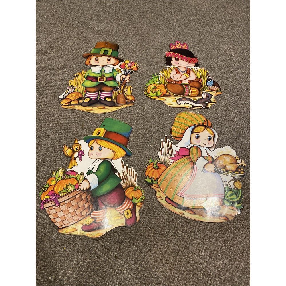 Beistle Co 1978 Thanksgiving Pilgrim Indian Die Cut Decorations Set/4